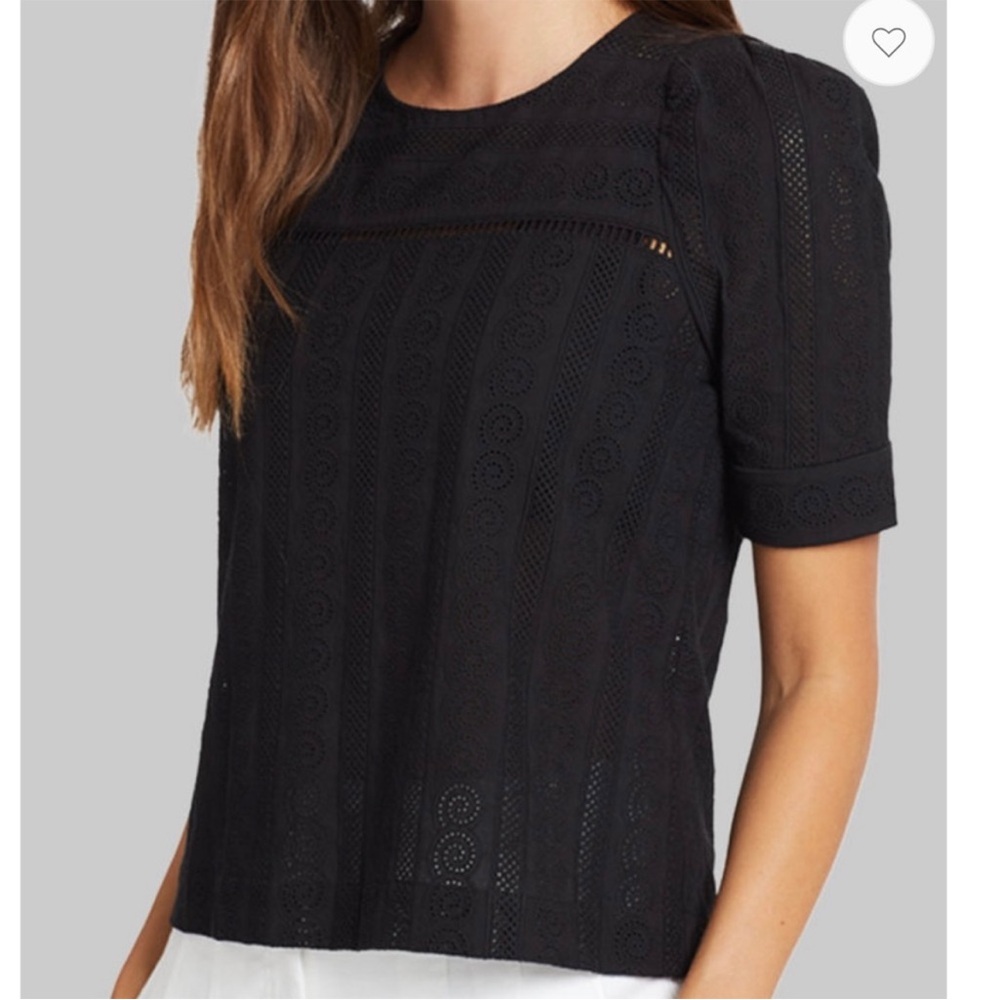 A.L.C. Black Eyelet Lace Short Sleeve Blouse‎ Textured Designer Top Size 4